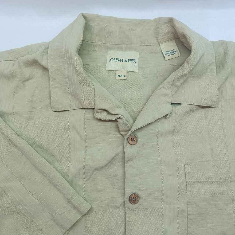 Joseph & Feiss Mens‎ XL 100% Silk Short Sleeve Button Up Camp Shirt Beige Beach